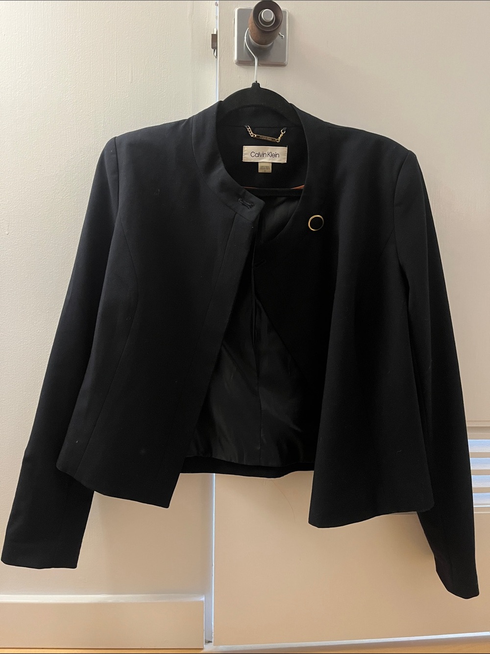 Calvin Klein Navy Collarless Cropped Blazer with Gold Button